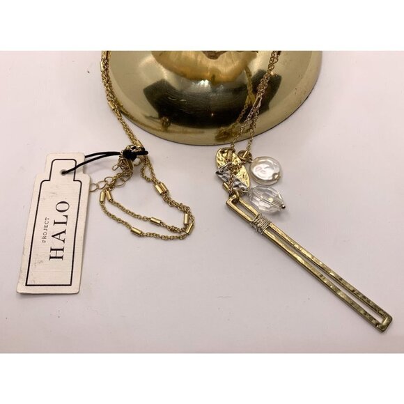 NWT Long Gold Chain Charm necklace - Mixed Metal, Gold Bar, Pearl - Picture 2 of 5